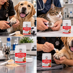 A pet groomer uses PetVet Medic Bleedguard styptic powder to safely stop minor bleeding after trimming a dog and cat's nails.