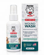A bottle of PetVet Medic wound wash for dogs and cats stands next to its matching product box.