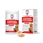 A container and packaging box of PetVet Bleedguard stypic powder for dogs and cats sit next to a small scoop filled with the brown powder.