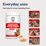 A tub of PetVet Medic Bleedguard styptic powder sits beside a measuring scoop and four inset images demonstrating everyday uses for pets.