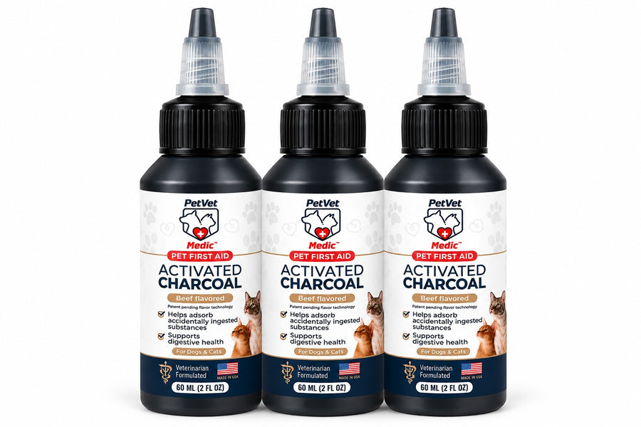 Three identical 60 ml bottles of PetVet Medic activated charcoal pet first aid stand side-by-side against a white background.