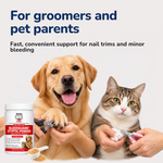 A smiling golden retriever and a tabby cat sit beside a container of PetVet Bleedguard Styptic Powder while having their nails trimmed.