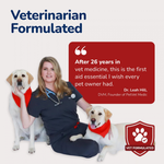 Dr. Leah Hill, a veterinarian in scrubs with a stethoscope, sits between two Labrador retrievers wearing red bandanas next to a quote about pet first aid essentials.