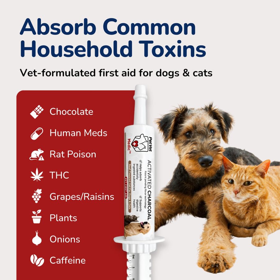 A dog and cat sit beside a tube of vet-formulated activated charcoal pet first aid used to absorb common household toxins.