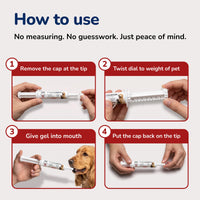 An instructional graphic demonstrates how to use the pet activated charcoal syringe in four easy steps, from removing the cap and setting the weight dial to administering the gel into a dog's mouth.