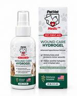 A pump spray bottle of PetVet Medic wound care hydrogel stands next to its matching packaging box.