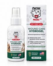 A pump spray bottle of PetVet Medic wound care hydrogel stands next to its matching packaging box.