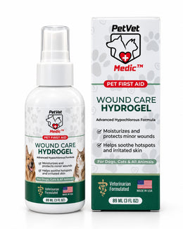 A pump spray bottle of PetVet Medic wound care hydrogel stands next to its matching packaging box.