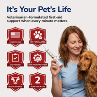 A smiling woman holds a veterinarian-formulated pet first-aid syringe next to her golden dog, alongside promotional benefit badges.