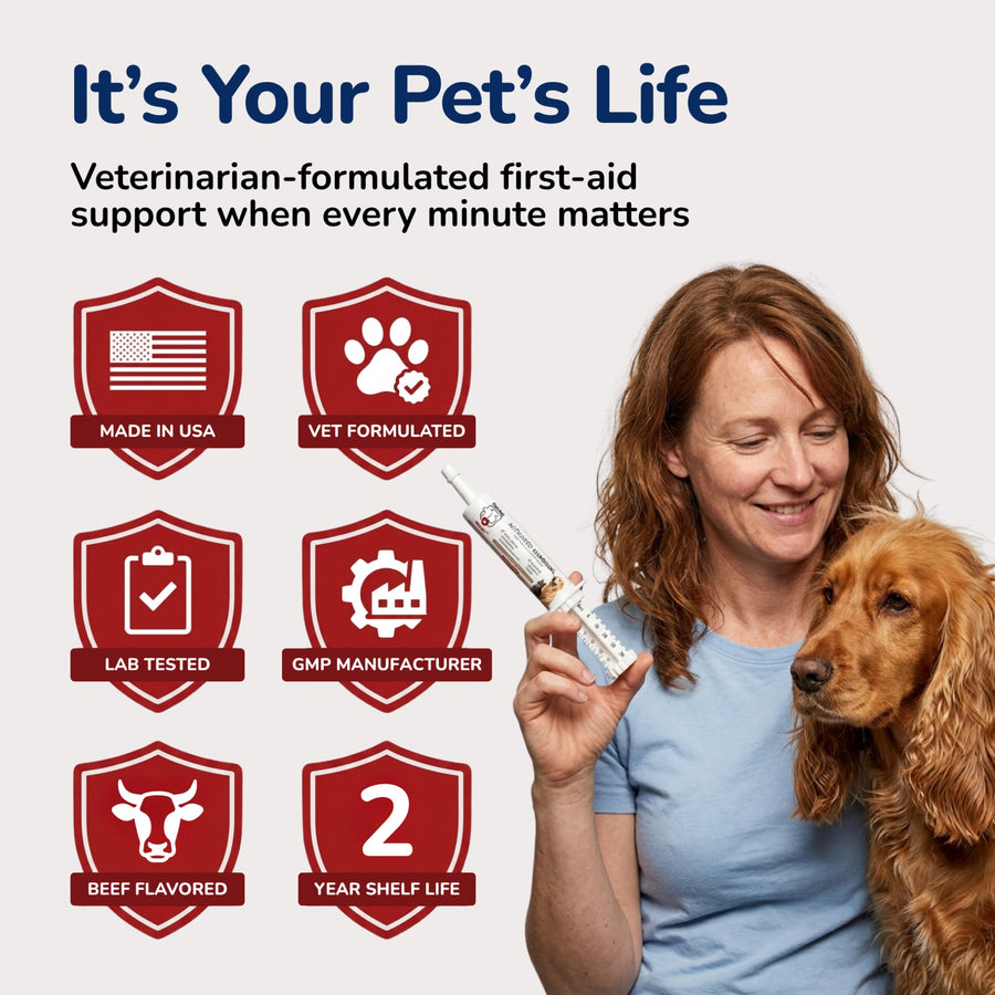 A smiling woman holds a veterinarian-formulated pet first-aid syringe next to her golden dog, alongside promotional benefit badges.