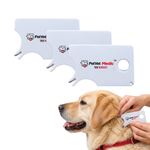 A person uses a PetVet Medic tick remover card to safely extract a tick from a golden retriever's fur, accompanied by stacked views of the white plastic removal tool.