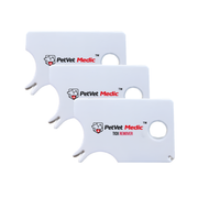 Three white PetVet Medic tick remover cards fan out against a clean white background.