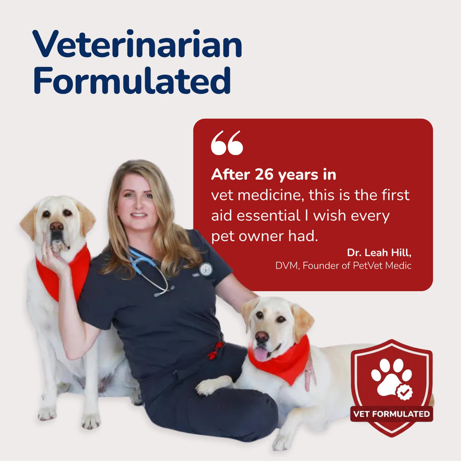 Dr. Leah Hill, a veterinarian, poses with two Labrador retrievers wearing red bandanas alongside a quote about veterinarian-formulated pet care.