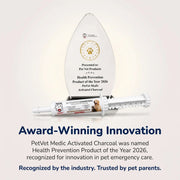 A tear-shaped award for PetVet Medic Activated Charcoal sits behind a pet emergency care syringe labeled as the 2026 Health Prevention Product of the Year.