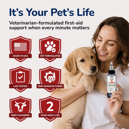 Pet Vet Activated Charcoal Gel for Dogs & Cats (60 mL) – Veterinary-Formulated, Natural Beef Flavor, Fast Toxin Adsorption for Poisoning, Stomach Upset, Diarrhea & Gas Relief – Made in USA