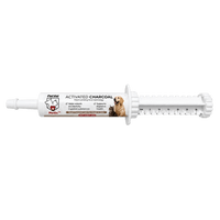 A white PetVet Medic activated charcoal oral syringe for dogs and cats displays measurement markings and a label featuring a dog and cat.