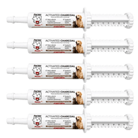 Five PetVet Medic activated charcoal syringes for dogs and cats feature measurement markings and feature photos of a cat and dog on the labels.